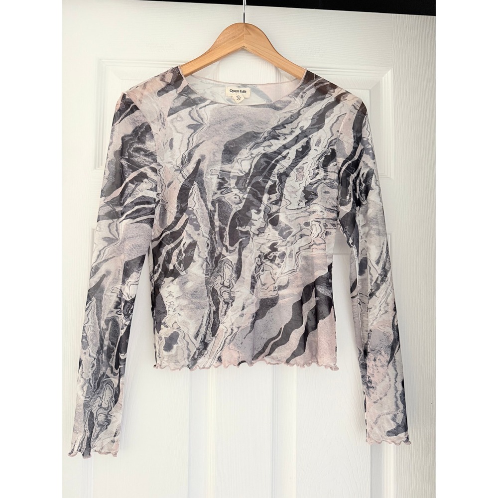 Open Edit Sheer Long Sleeve Abstract Blouse Party Festival Grunge